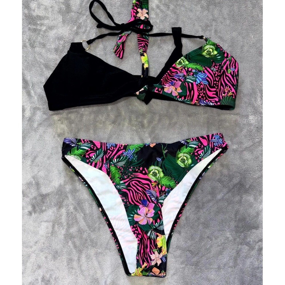 Oyoangle Swim 2 Piece Bikini Set Womens Medium Black Floral‎ Stretch Halter Neck